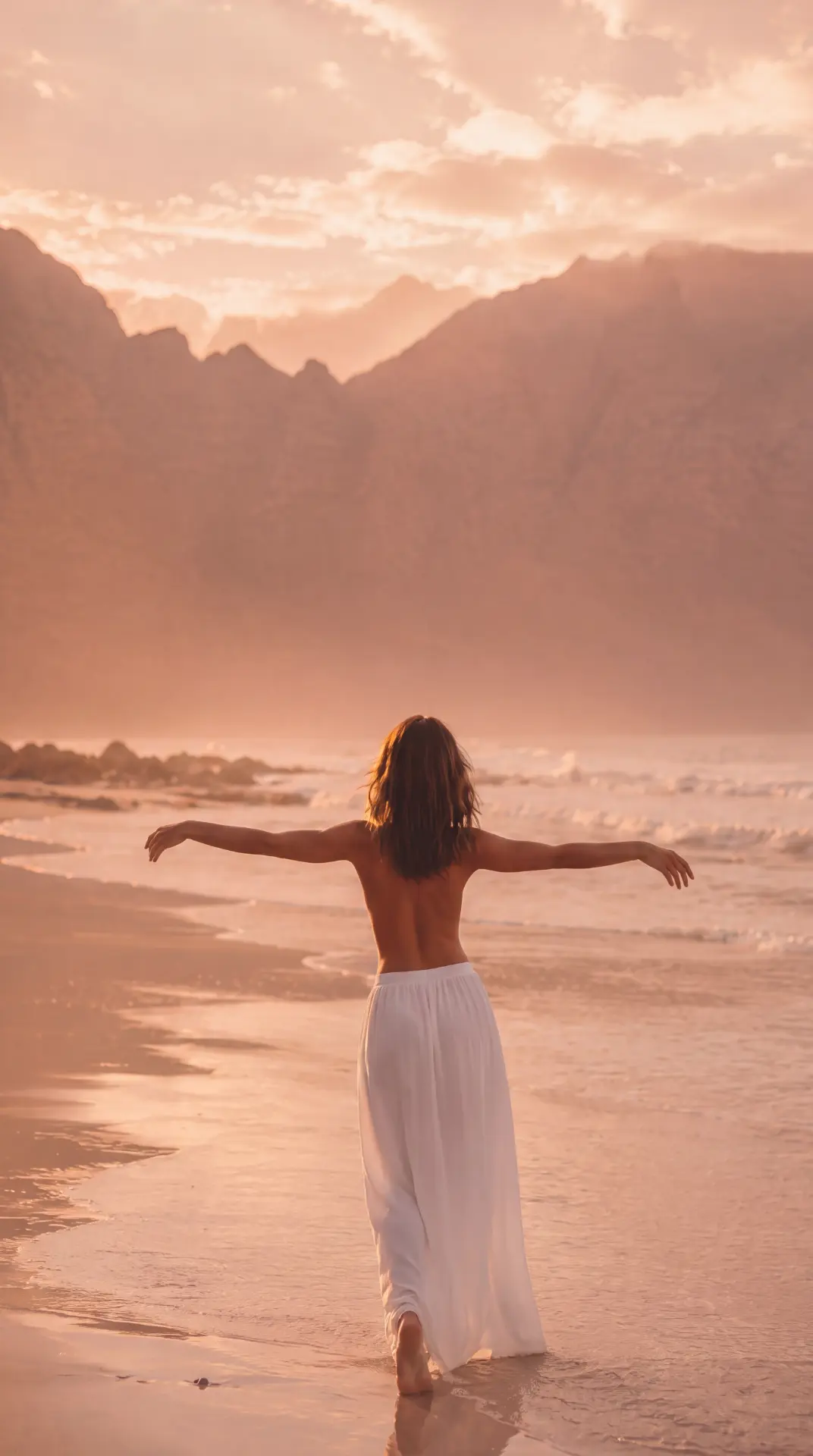 Woman with arms open on a quiet beach at golden hour, facing mountains and calm sea.